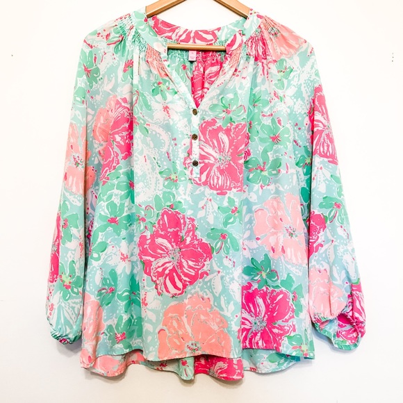 Lilly Pulitzer Tops - Lilly Pulitzer Floral Silk Blouse XL Long Sleeve
